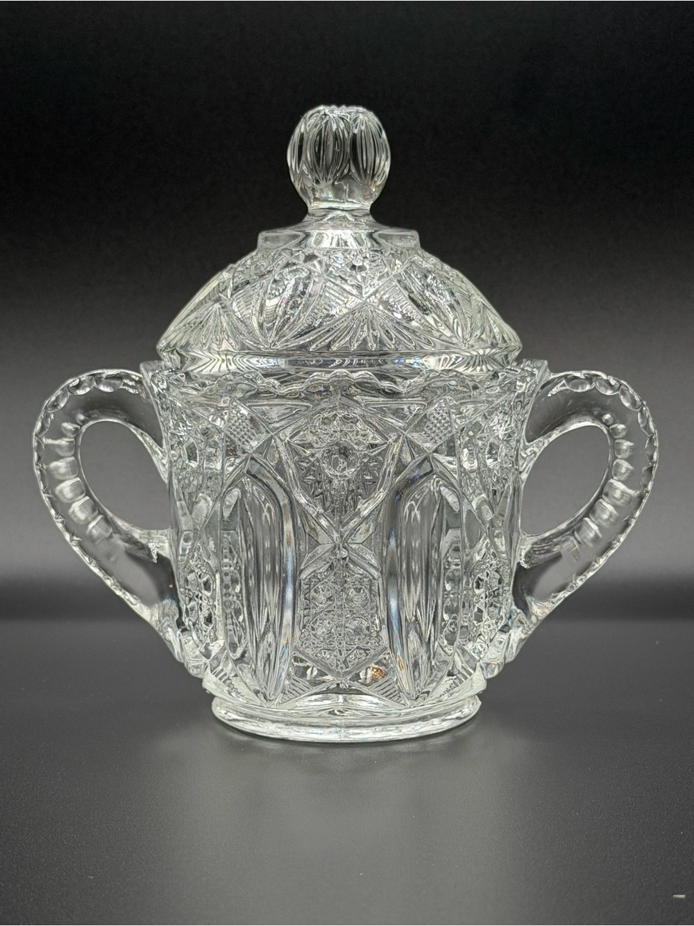 VTG Cut Glass Covered Sugar Bowl with Handles/Lid
